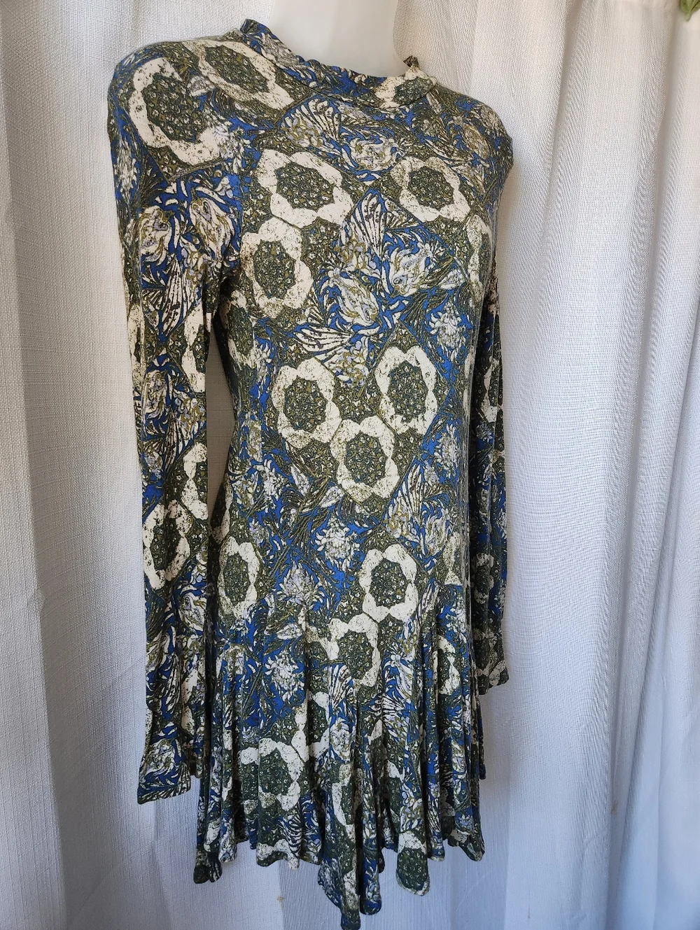Free People Annabelle Printed Tunic Cut Out Open Back Skater Retro Dress Size S - Picture 4 of 8